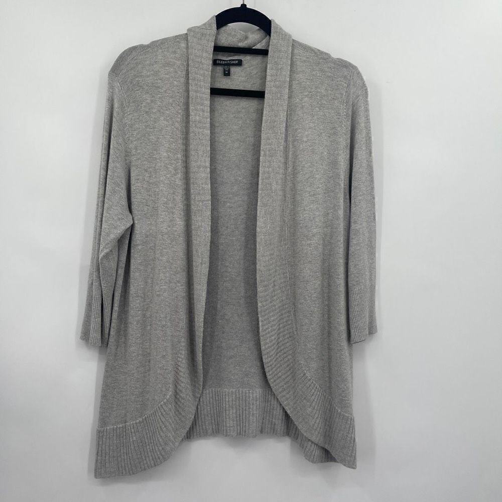 Eileen Fisher Open Front Ribbed Tight Knit Gray Cardigan Sweater Size M